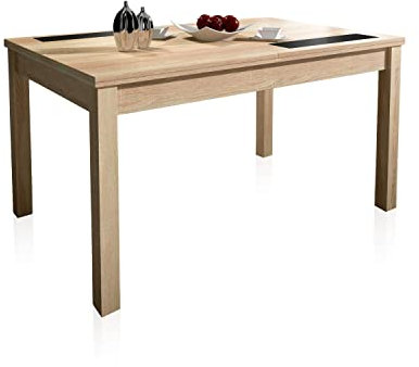 duehome | Mesa Comedor, Mesa Extensible, Modelo Nuka, Acabado en Color Cambria y Cristal, Medidas: 140-180 cm (Largo) x 90 cm (Ancho) x 75 cm (Alto)