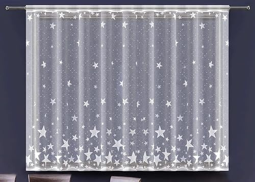 MforStyle White Net Curtain STARS - READY TO HANG - HEMMED EDGES - SLOT TOP - MANY SIZES - (selected curtain: 1 Metre Width, DROP: 54 (137cm)
