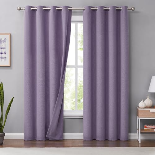 Melodieux Lila Leinen Verdunkelungsvorhänge 213 cm lang für Schlafzimmer, Wohnzimmer, rustikale Jute, wärmeisoliert, Raumverdunkelung, Ösen, Vorhänge, 127 x 213 cm, 2 Paneele