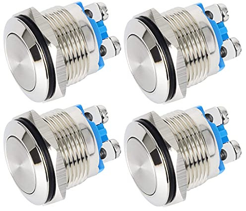 GUUZI 4pcs 22mm 2A 12V/24V/125V/250V Pulsador Momentáneo Impermeable con Terminales de Tornillo Botón Pulsador de Acero Inoxidable (Cabeza Plana)