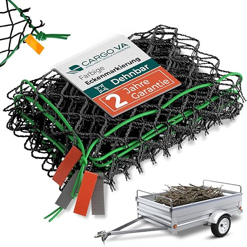 CargoVA® Intelligentes Anhängernetz dehnbar 1x2 bis 2x3 M - elastisches Hängernetz schwarz mit Gummiseil, 8 Haken und Eckenmarkierung - für die perfekte Ladungssicherung