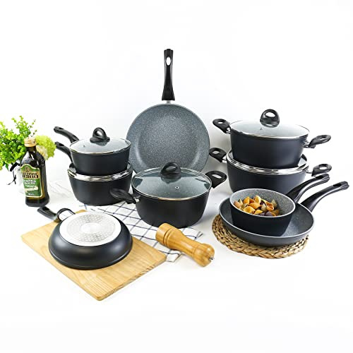 URBN-CHEF Forgecross Pressed Forged Aluminium Non Stick Ceramic Coated Induction Gas Oven Safe Saucepan Stockpot Casserole Cooking Pots & Frying Pans Cookware Set (9 Piece Jumbo Set)