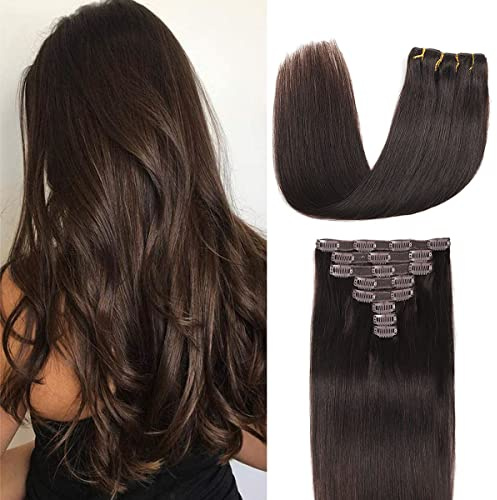 Clip in Hair Extensions Real Human Hair 8 Pieces Straight Real Remy Human Hair Full Head Human Hair Extensions Clip in Double Weft Real Remy Hair (#2 Dark Brown, 14 Inch)