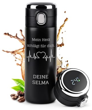 Maverton Trinkflasche mit Gravur 400 ml - Thermobecher auslaufsicher 100% dicht - LED-Touch-Anzeige - Thermoskanne aus Edelstahl - für Männer zum Geburtstag - Weihnachtsgeschenke - schwarz - Pulslinie