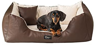 exclusive BED Orthopädisches Hundebett Eden Grosse Mittelgroße Kleine Hunde - Hundekissen Hundematte aus Öko-Leder + Alcantara-Stoff - Schmerzlindernd Abriebfest Reißfest (L, Braun-cremefarben)