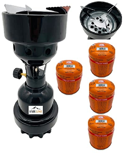 SMH LINE® Campingkocher Kohleanzünder Gaskocher Grillanzünder + 4x Gaskartuschen 190g Stechkartuschen Butan Propan Mix Metall Gasbrenner Grill Camping Outdoor (Schwarz + 4x 190g Gaskartuschen)