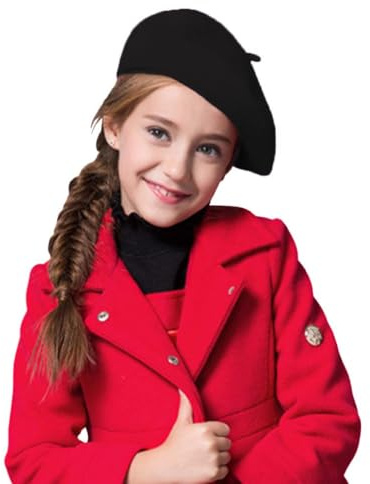 Barn ullblandning basker hatt fransk stil mössa mössa enfärgad konstnär basker keps flickor pojke höst vinter varm mössa, Svart, M