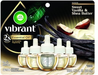 Air Wick Vibrant Plug In Scented Oil Refill, Infused with Essential Oils, Plug In Air Fresheners for Home, Sweet Vanilla & Shea Butter, 5 ct