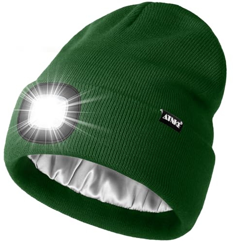 ATNKE LED Beleuchtete Mütze mit Licht,Wiederaufladbare USB 4 LED Beleuchtete Laufmütze Extrem Heller Lampe Winter Warme Satin Seide Gefüttertes Geschenke für Herren und Damen/Green