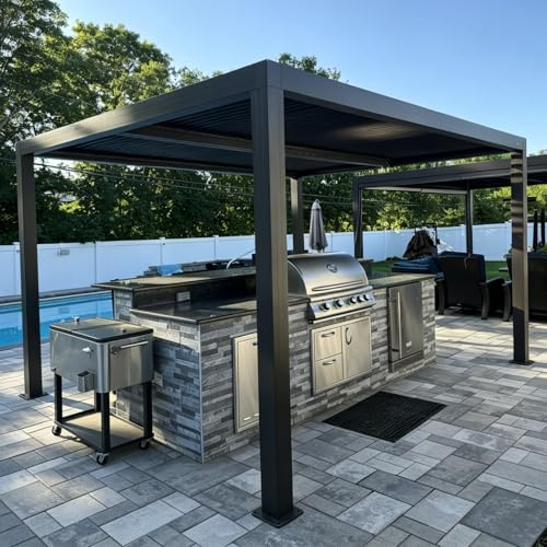 PURPLE LEAF Pergola 3.65 x 3.65 m Entwässerungssystem Alu Rahmen, Grau | 100% Wasserdichtem Alu-Lamellen, Manuelle Steuerung, Integrierten Regenrinnen, Flexible Beschattung, Extrastabile Grillparty