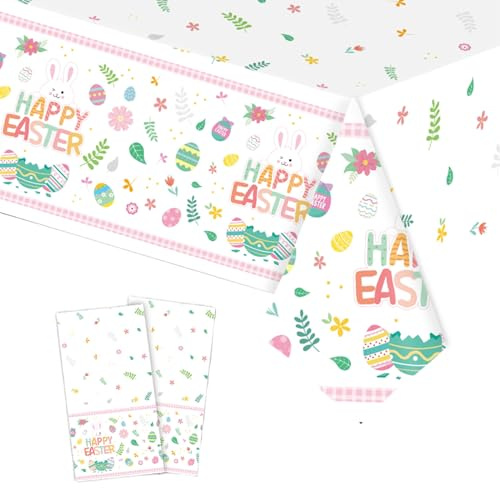 2 Stück Kunststoff-Tischdecken für Osterdekorationen für den Tisch, 137 x 274 cm, große Tischdecke, bunte Eier, Oster-Tischdecke, Einweg-Party-Tischdecke für Kinder, Oster-Partyzubehör