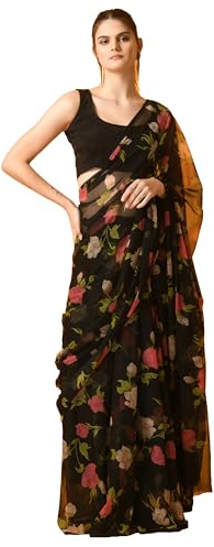 House Of Chiffon Sari para mujer | Sari de gasa con estampado de flores con blusa sin costuras, negro, 5.5 Metre