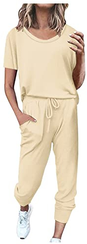 EMATOP Sportanzug Damen Sommer Kurzarm Tracksuit Casual Baumwolle Trainingsanzug 2 Teilig Einfarbig Jogginganzug Lose T-Shirt Top und Hose Freizeitanzug mit Taschen Sportswear für Running Yoga