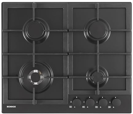 SCHOCK - Piano Cottura 4 Fuochi Gas Professional PC60 con Manopole Nere | Griglie in Ghisa; Valvole di Sicurezza; Nero Opaco; 585x500 mm