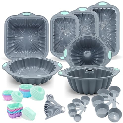 To encounter 65 Stück Silikon-Backformen Set, Metallgerahmte Silikon-Röhrenkuchenformen, Riffelblech mit Antihaftbeschichtung für Muffins, Kuchen, Brot, mit Messbechern und Löffeln, Hellgrau