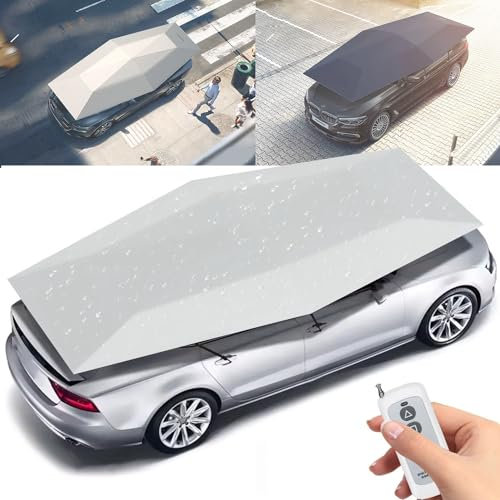 Fully Automatic Universal Car Tent Movable Carport, 4.8 M Folded Portable Auto Protection Car Umbrella, Remote Control Sunproof Car Canopy Cover,Silver