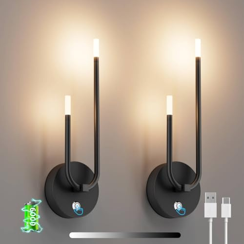 Aipsun 2 Stück LED Akku Wandleuchte Innen Schwarz, kabellose wandlampen,wiederaufladbar 6000mAh,6W,Touch 3000K warmweißes Licht, modern Wandleuchten für Schlafzimmer, Flur, Treppe,TV-Wand(42CM)