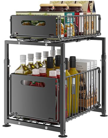 YunNasi Unterschrank Organizer küchenschrank mit 2 Etagen küchenregal Arbeitsplatte Metall Unterspüle für Badezimmer (Schwarz, Modell-A)