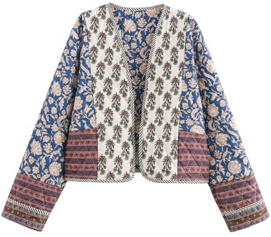 Flygo Women Cropped Puffer Jacket Cardigan Floral Printed Quilted Coats Lightweight Open Front Crop Padded Down Jackets(01Blue-L)