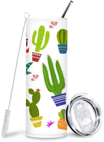 Mularoka Isolierter Edelstahlbecher mit Kaktusblumen, 590 ml, doppelwandig, vakuumisoliert, Kaffeebecher mit Deckel, lässiger Isolierbecher für Zuhause, Büro, hält heiß und kalt