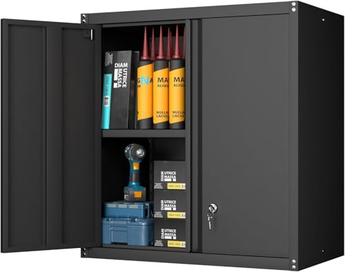 GREATMEET Metal Wall Cabinet, Wall Mounted Storage Cabinet with Lock for Garage Storage, Floating Cabinets with Doors and Adjustable Shelf for Utility Room, Black