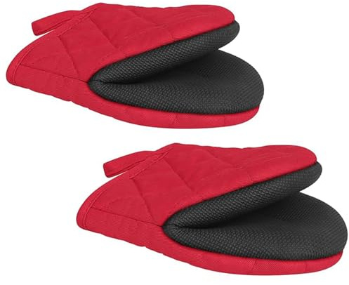 1 Pair Short Oven Mitts, Non-Slip Grip Surfaces and Hanging Loop Gloves, Heat Resistant Silicone Kitchen Mini Oven Mitts for 500 Degrees, Baking Grilling Barbecue Microwave Machine Washable (Red)