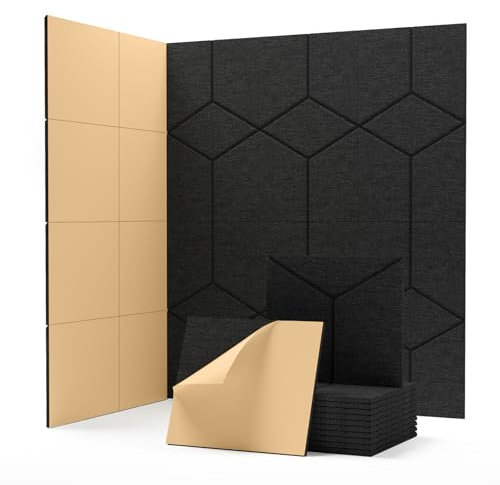 Soundsbay Lot de 12 panneaux acoustiques autocollants - Absorbeur de bruit - Isolation acoustique - Pour mur, porte, plafond, traitement acoustique et décoration murale - 30 x 26 x 0,9 cm - Noir