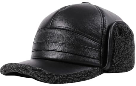Herren-Hut mit Ohrenklappen, Rindsleder, warm, Fleecemütze, echtes Leder, Baseballmützen, Schwarzes Rindsleder, XXL
