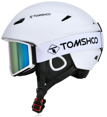 TOMSHOO Ski Helmet Set, Snowboard Helmet with Ski Goggles Set, Earmuffs, Ventilation Holes, Skiing Gear for Men Women Youth(M, White)