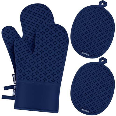 Oven Mitts and Pot Holders 4 Sets, Heat Resistant 500 ℉ Oven Mitt and Pot Holder,Oven Glove&Potholders with Non-Slip Silicone Surface,Kitchen Essentials for Cooking/Baking/BBQ-Marine Blue