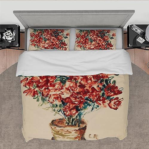 OLLIAR Home Retro Stillleben 3 Stück Blumen Bettbezug Azalee (1910) Berühmte Malerei Drucke Bettbezug Set mit Reißverschluss 4 Krawatten 240x260cm