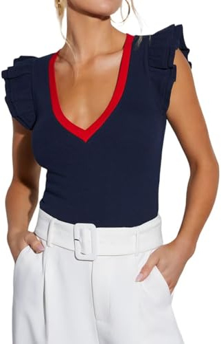 LACOZY Women's Short Sleeve Ruffle Shirts Sleeveless Tops Knit V Neck Blouse Crop Tank Sexy Slim Fitted Tops Office Basic Navy Blue S