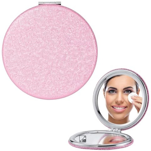 1 pezzo di specchio tascabile portatile in PU, specchio pieghevole compatto e delicato da 72 mm per borsa, viaggi, make-up (rosa tondo)