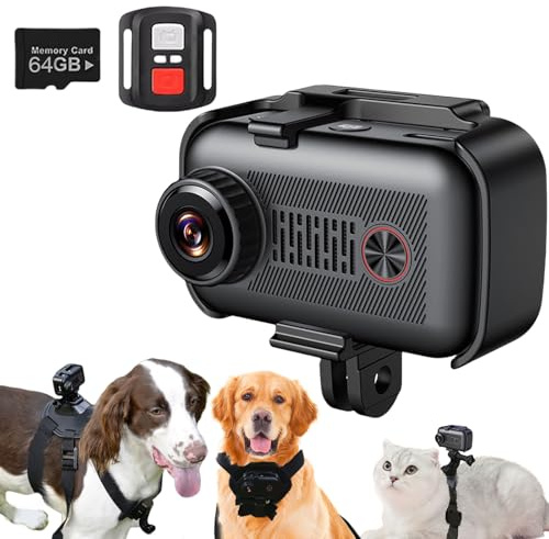 Hund Katze Kamera, 2K Hundekamera Halsband mit 64 GB SD-Karte Kabellose Halsband Kamera für Hunde Katzen Geschenk Indoor/Outdoor