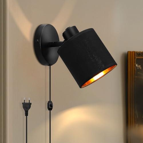 Winverty Wandlampe Mit Schalter Stecker Schwarz Dimmbar E27 Drehbar 350° | Wandleuchte Mit Kabel, Schwarz Stoffschirm Metall, 350° Drehbar, Ohne Leuchtmittel, Wand Lampen für Wohnzimmer Schlafzimmer