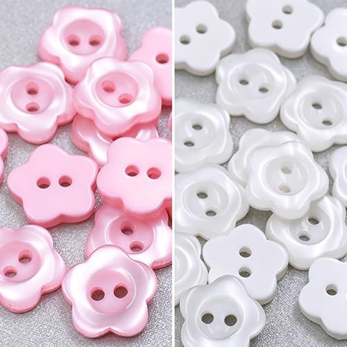 100 Pcs Pearlescent Buttons 2 Hole Flower Resin Button Sewing Buttons for Baby and Kids Knitting Cardigans DIY Handmade Sewing Crafting Decoration (White+Pink)