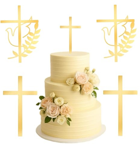 APOMOONS Lot de 4 décorations de gâteau en acrylique réutilisables en forme de croix dorée pour baptême, baptême, fête de bébé, communion, baptême