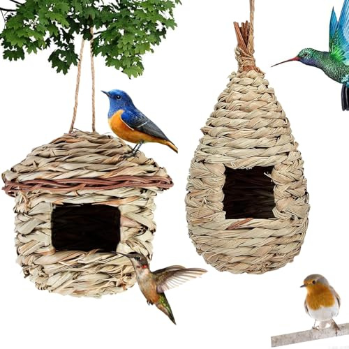 2 Pezzi Nido Uccello Erba Casetta, Casa Degli Uccelli di Paglia, Nido per Uccelli Selvatici All'aperto, Casetta Uccellini da Esterno per Uccellini Come Colibrì, Merli, Passeri e Cinciarelle