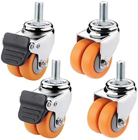 roulettes Doubles en Caoutchouc, roulettes à Tige filetée M12, roulettes pivotantes Robustes de Remplacement (4 pièces), silencieuses et Portables, 2 Freins + 2 sans Freins - 2 Pouces