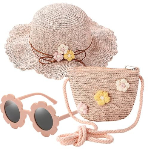 Rosa Cappelli Di Paglia Ragazze E Occhiali Da Sole E Piccolo Sacchetto Set Cappello Da Sole Set con Fiori Decorazione Prodotti Tessuti Di Protezione Solare per 3-8 Anni Bambino 3 Pezzi