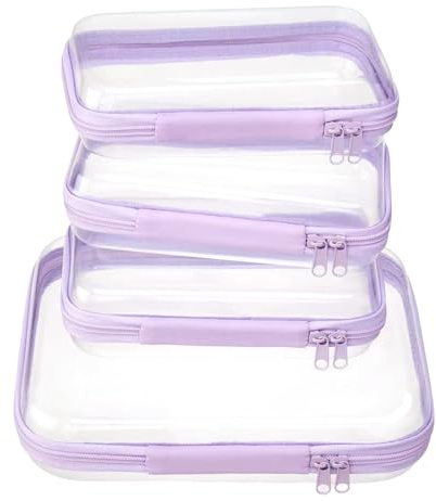WELPIRT 4 pcs Clear Zipper Pouches,Hard Shell Zipper Case, Toiletry Bag for Travel, CLear Diaper Bag, Toiletry Pouch, Travel Organizer, Cosmetic Bag,Toy Storage Bins (M+3S) (Lavender)