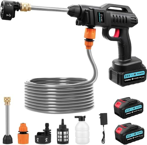 Hidrolimpiadora Bateria, Pistola de Agua a Presiónde 21 V, Pistola de Hidrolavadora de Mano, 62 Bar, Hidrolimpiadora de Alta Presion, Boquilla Ajustable 6 En 1 con 2 Baterías, Manguera de 5 M para