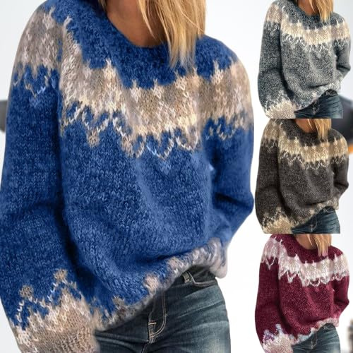 Pull en Laine Femme, Pull Norvégien Femme en Laine Grande Taille Sweat sans Capuche Sweatshirts Chic Et Elegant Sweatshirt Islandais Hiver Chaud Col Rond Jacquard Polaire Crochet Tricot