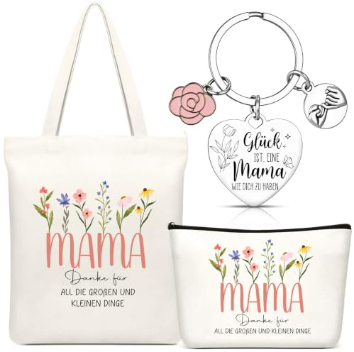 Otuuz 3 Stück Geschenke Baumwolltasche Canvas Tragetasche Einkaufstasche Kosmetiktasche mit Schlüsselanhänger Geschenke für Mutter zum Geburtstag Muttertag Weihnachten