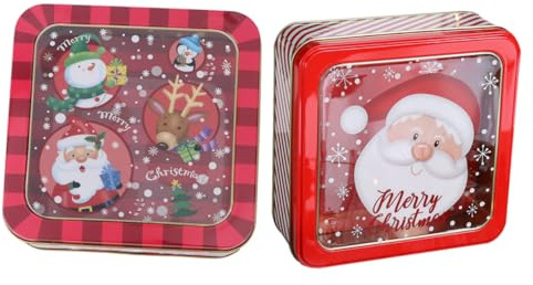 VICASKY Scatola di Caramelle di Natale Quadrata in Latta Resistente e Leggera Set da 2 Pezzi Decorazione Natalizia Versatile per Biscotti Regali e Feste Colori Intensi e Dimensioni
