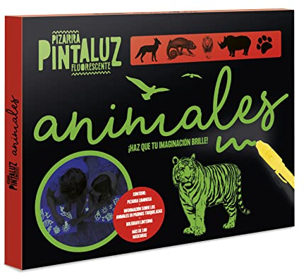 IMAGILAND Pintaluz Fluorescente Animales – Pizarra Luminosa Infantil con Linterna y Plantillas – Juego Educativo para Aprender Sobre los Animales y Dibujar con Luz