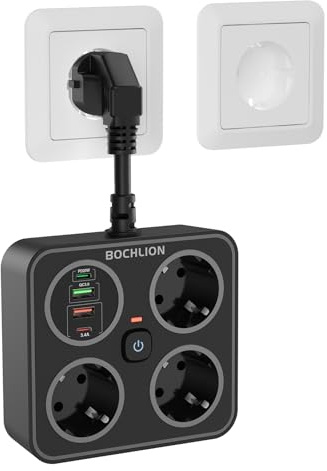 Steckdosenleiste mit 4 USB, BOCHLION 3 Fach Mehrfachsteckdose Überspannungsschutz, Steckdosenadapter mit PD20W QC3.0, Mehrfachstecker Steckerleiste Verteilersteckdose 3250W/13A für Büro, Hause-Schwarz