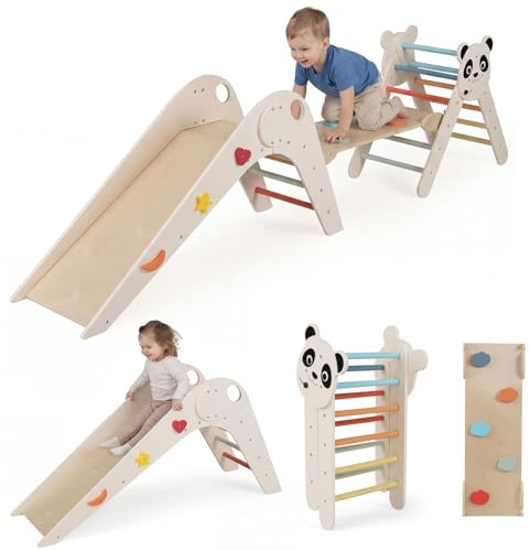 COSTWAY Set da Arrampicata per Bambini, Set Montessori Pieghevoli in Legno, Parco Giochi per Bambini con Scivolo, Rampe, Scala e Blocchi, 3 Anni + (Beige)