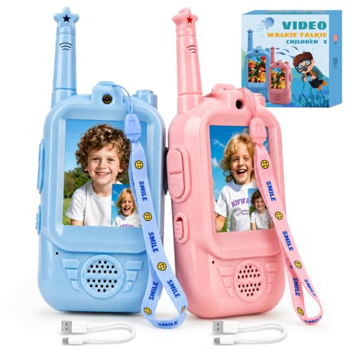 Walkie Talkie Niños con Vídeo, Walkie Talkie Niños Largo Alcance Pack de 2 Azul Rosa, Recargables con Cámara Frontal Chat Cambiador de Voz, Juegos al Aire Libre Regalo Niños Niñas 3-12 Años