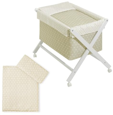 Interbaby Stubenwagen Baby Holz mit Rollen und Matratze (Star Beige) | Stubenwagen in Spanien gefertigt, komplett mit Matratze, Bettwäsche, Bettdecke und Kissen aus Mikrofaser, Räder mit Bremse